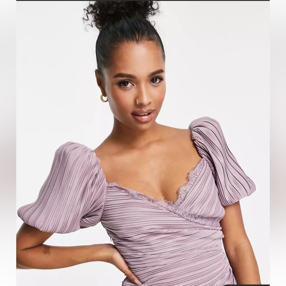 ASOS DESIGN puff sleeve lace trim pleated skater dress in mauve - Picture 3 of 8